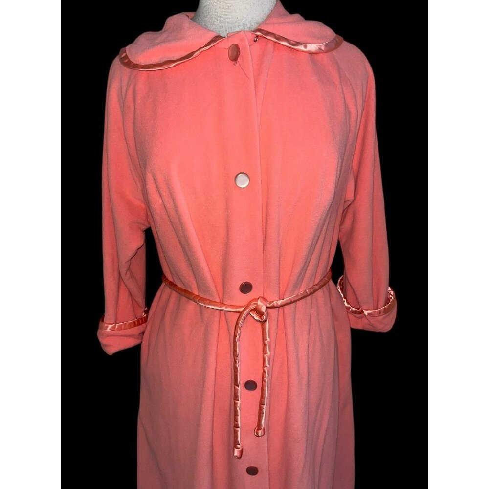 Vtg Appel Robe 80s Womens Sz 16 Long Velour Housecoat Peach Button Front USA